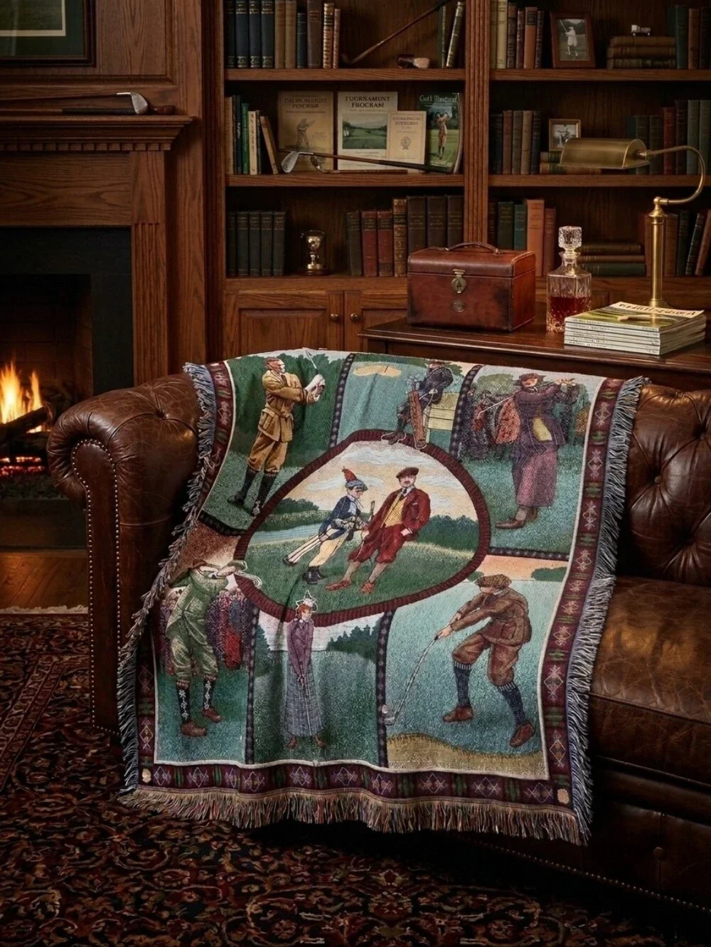 Vintage Golf Tapestry Blanket Woven Fringe Throw Country Club Decor Dad Gift Art